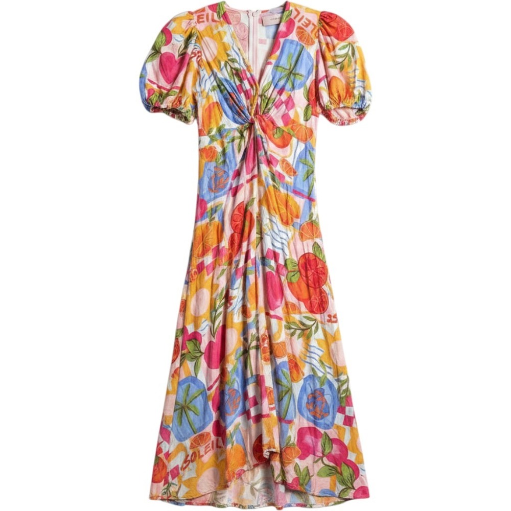 White Closet Elements‎ Midi Dress XS Multi Fruit Print Puff Sleeve Tropical Boho